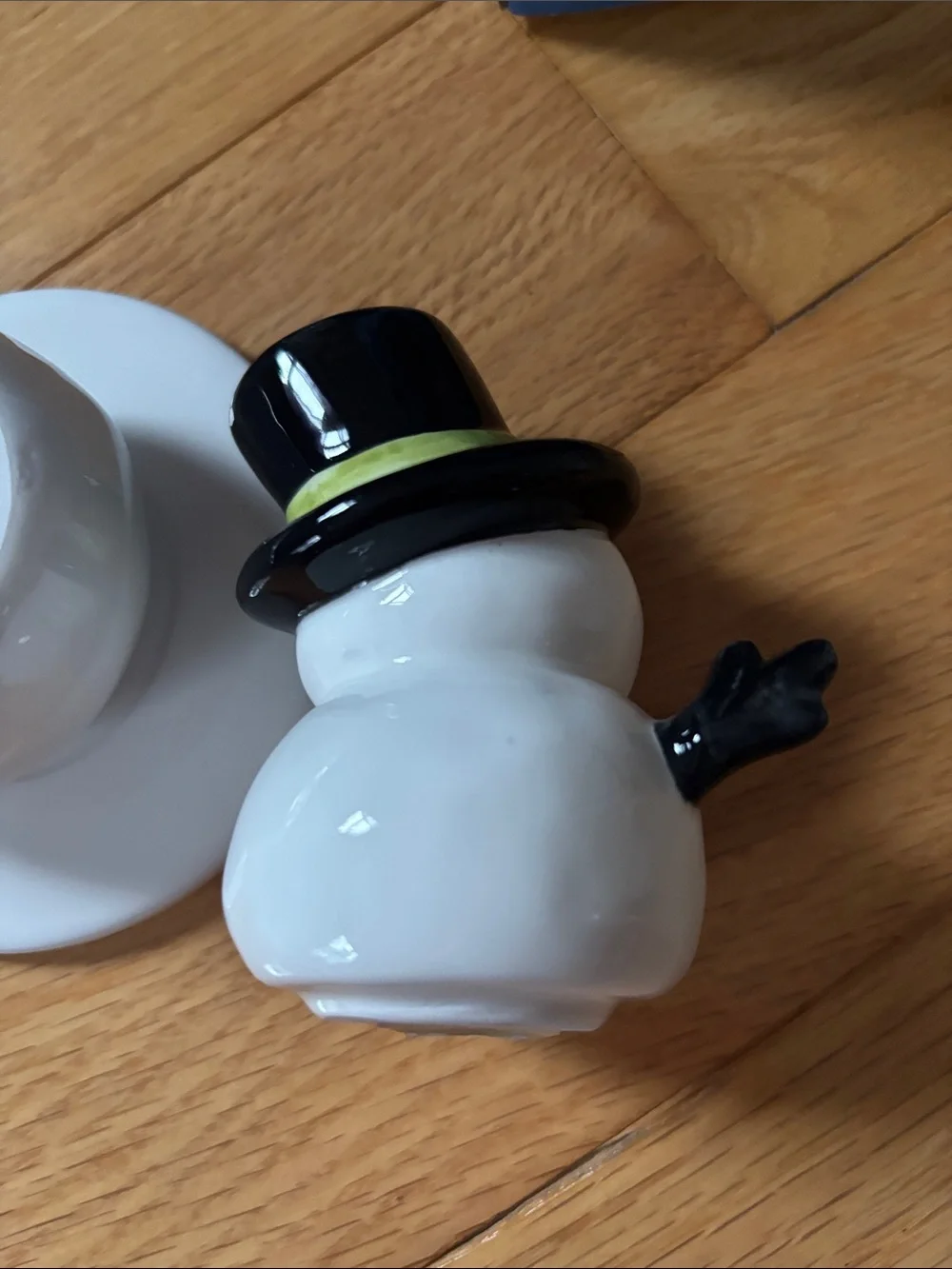 Ceramic Snowman Figurine with Black Top Hat and Green Band